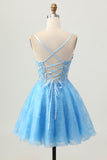 Blue A Line Spaghetti Straps Sequins Short Corset Homecoming Dress with Appliques