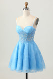 Blue A Line Spaghetti Straps Sequins Short Corset Homecoming Dress with Appliques