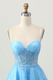 Blue A Line Spaghetti Straps Sequins Short Corset Homecoming Dress with Appliques