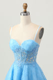 Blue A Line Spaghetti Straps Sequins Short Corset Homecoming Dress with Appliques