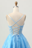 Blue A Line Spaghetti Straps Sequins Short Corset Homecoming Dress with Appliques