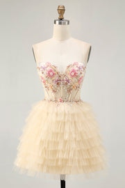 Apricot A Line Corset Ruffled Short Homecoming Dress with Beading