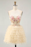 Apricot A Line Corset Ruffled Short Homecoming Dress with Beading