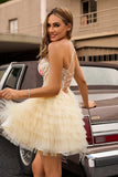 Apricot A Line Corset Ruffled Short Homecoming Dress with Beading