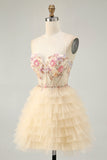 Apricot A Line Corset Ruffled Short Homecoming Dress with Beading