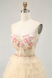 Apricot A Line Corset Ruffled Short Homecoming Dress with Beading