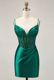 Dark Green Bodycon Corset Sequins Satin Short Homecoming Dress with Beading