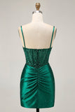 Dark Green Bodycon Corset Sequins Satin Short Homecoming Dress with Beading