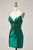 Dark Green Bodycon Corset Sequins Satin Short Homecoming Dress with Beading