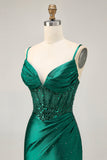 Dark Green Bodycon Corset Sequins Satin Short Homecoming Dress with Beading