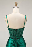 Dark Green Bodycon Corset Sequins Satin Short Homecoming Dress with Beading