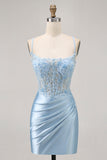 Blue Bodycon Sequins Corset Beaded Homecoming Dress with Appliques