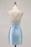 Blue Bodycon Sequins Corset Beaded Homecoming Dress with Appliques