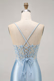 Blue Bodycon Sequins Corset Beaded Homecoming Dress with Appliques
