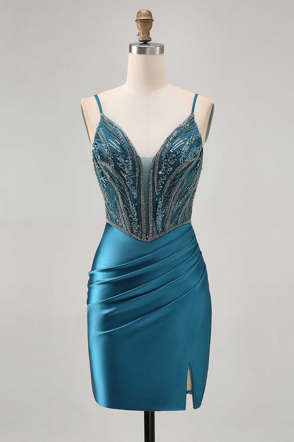 peacock bodycon dress Wedtrend Women Sparkly Peacock Blue Detachable Train Prom Dress With Slit Fitted Strapless Corset Bodice Formal Dress, Peacock Blue / US26W