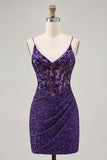 Sparkly Dark Purple Sequins Corset Bodycon Short Homecoming Dress