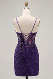 Sparkly Dark Purple Sequins Corset Bodycon Short Homecoming Dress