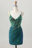 Sparkly Dark Green Spaghetti Straps Corset Short Homecoming Dress with Sequins