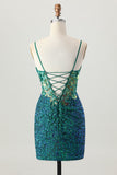 Sparkly Dark Green Spaghetti Straps Corset Short Homecoming Dress with Sequins