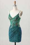Sparkly Dark Green Spaghetti Straps Corset Short Homecoming Dress with Sequins