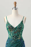 Sparkly Dark Green Spaghetti Straps Corset Short Homecoming Dress with Sequins