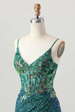Sparkly Dark Green Spaghetti Straps Corset Short Homecoming Dress with Sequins