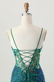 Sparkly Dark Green Spaghetti Straps Corset Short Homecoming Dress with Sequins
