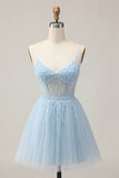 Light Blue A Line Sequins Beaded Short Homecoming Dress with Lace Up Back