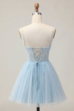 Light Blue A Line Sequins Beaded Short Homecoming Dress with Lace Up Back