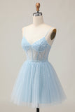 Light Blue A Line Sequins Beaded Short Homecoming Dress with Lace Up Back