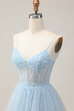 Light Blue A Line Sequins Beaded Short Homecoming Dress with Lace Up Back