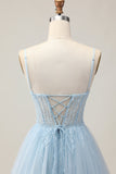 Light Blue A Line Sequins Beaded Short Homecoming Dress with Lace Up Back