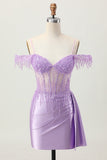 Lilac Sequins Cold Shoulder Beaded Corset Short Homecoming Dress with Streamer