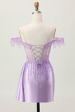 Lilac Sequins Cold Shoulder Beaded Corset Short Homecoming Dress with Streamer
