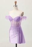 Lilac Sequins Cold Shoulder Beaded Corset Short Homecoming Dress with Streamer