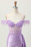 Lilac Sequins Cold Shoulder Beaded Corset Short Homecoming Dress with Streamer