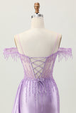 Lilac Sequins Cold Shoulder Beaded Corset Short Homecoming Dress with Streamer