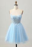 Light Blue A Line Spaghetti Straps Short Sequins Corset Homecoming Dress