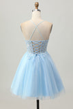 Light Blue A Line Spaghetti Straps Short Sequins Corset Homecoming Dress