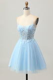 Light Blue A Line Spaghetti Straps Short Sequins Corset Homecoming Dress
