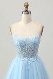 Light Blue A Line Spaghetti Straps Short Sequins Corset Homecoming Dress
