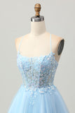 Light Blue A Line Spaghetti Straps Short Sequins Corset Homecoming Dress