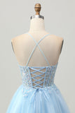 Light Blue A Line Spaghetti Straps Short Sequins Corset Homecoming Dress