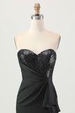 Black Bodycon Strapless Corset Beaded Homecoming Dress with Slit