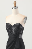 Black Bodycon Strapless Corset Beaded Homecoming Dress with Slit