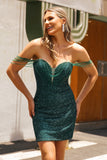 Off The Shoulder Sequins Dark Green Short Homecoming Dress