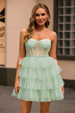 Light Green A-Line Strapless Sheer Corset Tiered Short Homecoming Dress
