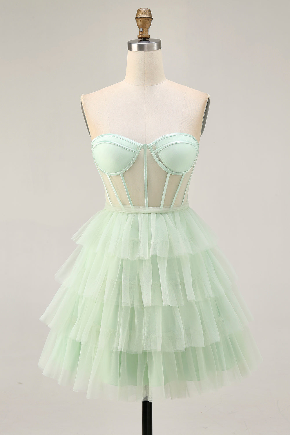 WEDTREND Women Light Green Strapless Homecoming Dress A-Line Sheer Corset Tiered Short Cocktail Dress WEDTREND Women Light Green Strapless Homecoming Dress A-Line Sheer Corset Tiered Short Cocktail Dress
