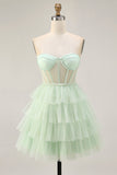 Light Green A-Line Strapless Sheer Corset Tiered Short Homecoming Dress
