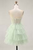 Light Green A-Line Strapless Sheer Corset Tiered Short Homecoming Dress